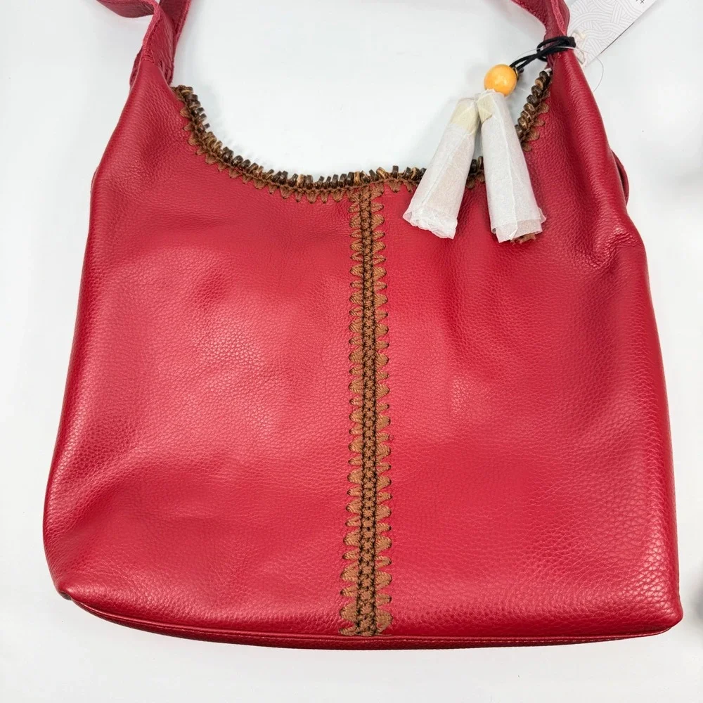NEW The Sak Women Large Huntley Leather Crimson Red Hobo Bag Crochet Bead 108601